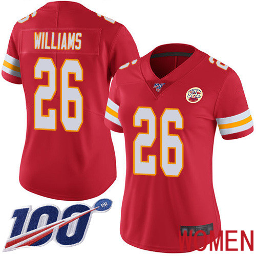 Women Kansas City Chiefs 26 Williams Damien Red Team Color Vapor Untouchable Limited Player 100th Season Football Nike NFL Jersey